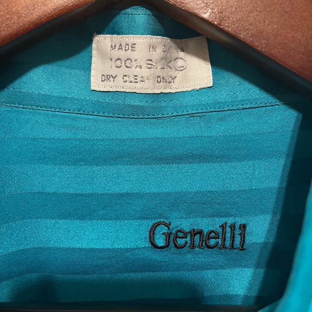 Vintage Genelli 100% Silk Button Up Shirt Mens L Tone On Tone Striped Teal - Picture 3 of 8